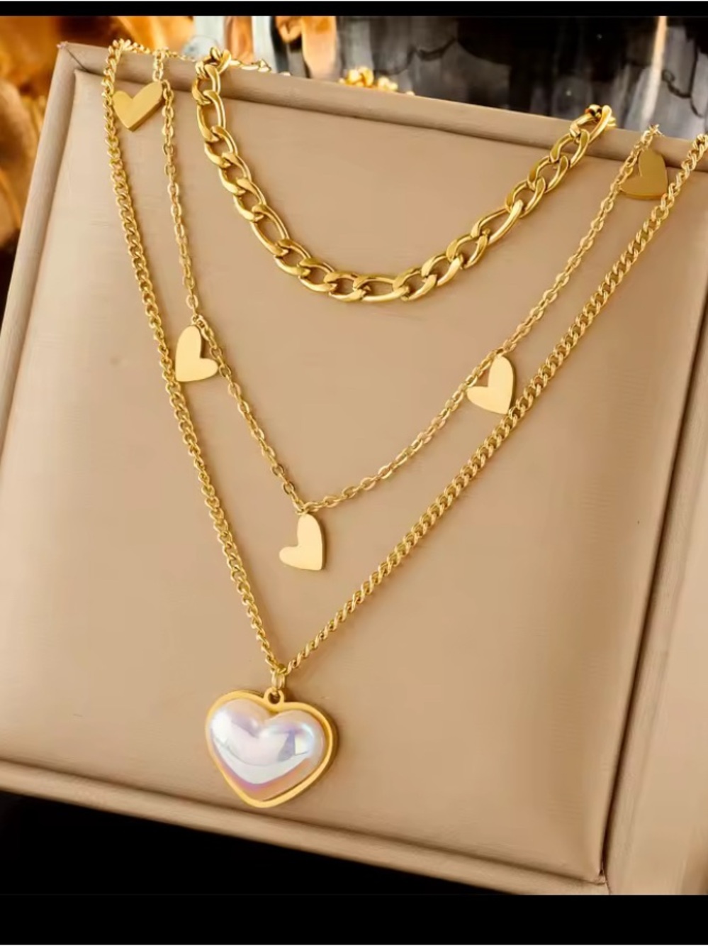 Gold Layered Heart Pendant Necklace Set - Women Jewelry